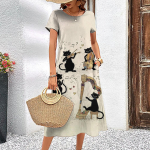 Loomad Naiste kleidid Moed Stiilne l&uuml;hikeste varrukatega pikk kleit 3d armas kassimustriline naisteriided &uuml;mara kaelusega lahtine pullover 2024 5XL