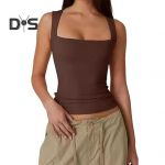 Suvine vest naistele, &uuml;hev&auml;rviline, kandilise kaelusega, slim fit tankpluus, laiad &otilde;lapaelad, hingav vest, igap&auml;evaseks kandmiseks S pruun