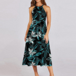 Naiste vabaaja &uuml;mara kaelusega midi kleit, p&otilde;hiline klassikaline v&auml;ljas igap&auml;evane varrukateta lahtine boho sidumiskleit, suvine rannakleit L armee roheline v&auml;rv