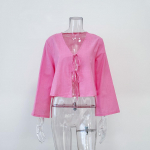 Spring/Summer Trendy Deep V Trumpet Sleeve Tie Top - European & American Women's Fashion L