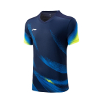 Li Ning Sulgpalli Seeria Triibuline V-kaelusega Pehme Mugav Hingav Mitmek&uuml;lgne L&uuml;hikeste Varrukatega T-s&auml;rk Unisex Topid Meresinine AAYV167-4 S