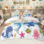 Homewish Multikad Mereloomadega Tekikottide Komplekt Lastele Poistele T&uuml;drukutele, Vaal Kaheksajalg Merit&auml;ht Voodikomplekt, Merikala Krabi Tekikottide Komplekt UK C 120x150cm 2pcs&set