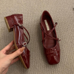 Keskmise kontsaga Mary Jane &uuml;hed kingad  Uued naiste kingad Retro paksukontsaga balletikingad Ristpandlaga madal pehme tallaga king 36 punane