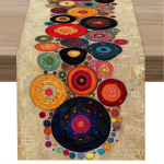Boho stiilis &uuml;mmargune lauarullik, v&auml;rske v&auml;rvi t&auml;ppide ja r&otilde;ngaste mustriga disain, kerge dekoratiivne laudlina kaunistamiseks 33X183cm red