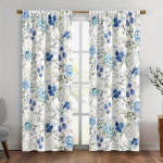 2 paneeli sinise lilleprindiga kardinat, vintage botaanilised pol&uuml;esterkardinad elutuppa, maastiilis akende kaunistus 53x116CM&2 panels