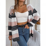 Casual Hollow Contrast triibuline Lantern Sleeve kardigan kampsun jope S roosa