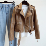 Kevad s&uuml;gisene naiste kunstnahast jakk Slim Streetwear Khaki nahkmantel Biker Moto jope v&ouml;&ouml;ga Naiste &uuml;ler&otilde;ivad XL