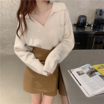 Hirsionsan lahtised, t&auml;is V-kaelusega silmkoelised pullover-kampsunid Naiste uued Korea kausaalsed retrokampsunid Minimalistlikud pikkade varrukatega džemprid One size oranž