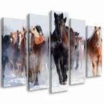 Viieosalise pildiga l&otilde;uendiprint Horses at a gallop Winter 100x70 pruun