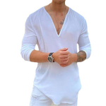 S&uuml;gisene meeste &uuml;hev&auml;rviline puuvillane linane topid V kaelusega pikkade varrukatega meeste s&auml;rk S valge