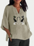 Suures suuruses puuvillased linased pluusid naistele Moodne V-kaelusega 3/4 pikkade varrukatega s&auml;rk naiste vabaajaprinteriga pullover 2XL sinine