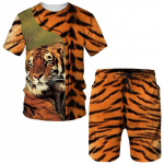 Summer Trend Tiger Print Meeste T-s&auml;rkide komplektid Juhuslik &uuml;mara kaelusega T-s&auml;rk L&uuml;hikesed p&uuml;ksid 2-osaline komplekt Moodne meeste pullover Riided T&auml;navar&otilde;ivad 4XL