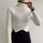 S&uuml;gistalvine pikkade varrukatega pullover, kootud kampsunid, naiste ebaregulaarne soliidne vabaaja kilpkonnaga l&uuml;hike kampsun, mood kudumid 30371 S must