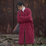 Johnature naiste hiina stiilis linased pargid pikkade varrukatega talvemantlid triibulise n&ouml;&ouml;biga pluss puuvillased lahtised soojad pargid One Size tumepunast v&auml;rvi