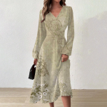 Naiste s&uuml;gis- ja talvine vabaajamoe V-kaelusega pikkade varrukatega lillemustriga pikk kleit L beež