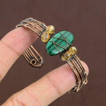 Natural Malachite Gemstone Handmade Copper Wire Wrap Cuff Bangle Adjustable q0d89