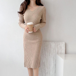 Korea moe s&uuml;gistalvine naiste tavaline kudumiskleit V-kaelusega Bodycon aprikoosimust, kakiv&auml;rvi kootud naiselik kampsun One Size khaki
