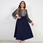 Suvine naiste lapitehnikas mustriga kleit &uuml;mara kaelusega pikkade varrukatega v&ouml;&ouml;kohast seotav pikk kleit t&ouml;&ouml;peoks puhkuseks maksikleit hingav kerge pluss-suuruses kleit XL tumesinine v&auml;rv