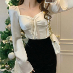 Kandiline kaelus pikkade varrukatega T-s&auml;rk naiste pluus Hotsweet Sexy Hottie &otilde;huke pits flare varrukas Retro Court Style Office Lady Summer S aprikoosi