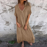 Naiste suvine &uuml;hev&auml;rviline vabaaja moodne puuvillane ja linane V-kaelusega midikleit L beež