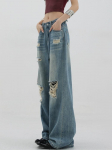 Ameerika Sinised Pesuga Vintage Teksap&uuml;ksid Naistele 90ndad Retro Augud Y2k Laiad P&uuml;ksid Streetwear Elegantne Drapeeritud P&otilde;randani Ulatuvad P&uuml;ksid Suvi S sinine