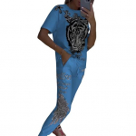 2 tk/komplekt Naiste T-s&auml;rgi p&uuml;kste komplekt Tiger Print &Uuml;mara kaelusega l&uuml;hikeste varrukatega &uuml;lemine pahkluupaeltega elastne v&ouml;&ouml;koht p&uuml;ksid igap&auml;evaseks igap&auml;evaseks kandmiseks M sinine