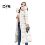 Talvine naiste puuvillane jope Eemaldatav kapuuts Kaela kaitse Pikad varrukad taskud P&otilde;lvepikkus T&otilde;mblukk, polsterdatud mantel &uuml;hev&auml;rviline tuulekindel v&auml;lir&otilde;ivad M valge