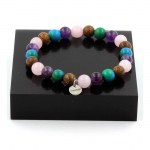 Pierres et Min&eacute;raux. Bracelet Perles Quartz rose + Am&eacute;thyste + Chrysocolle + bois 8 mm. Fabriqu&eacute; en France.