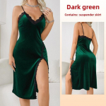 Seksikad s&uuml;gava V-kaelusega pidžaamad naiste pikkade &otilde;lapaeltega &ouml;&ouml;s&auml;rk sametpitsiga, v&otilde;rgutav seljatu koduriietus L tumeroheline v&auml;rv