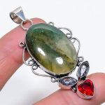 Natural Moss Agate, Garnet 925 Sterling Silver Jewelry Pendant 2.68 g4v23