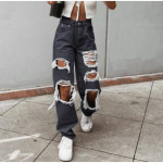 Rebitud Vintage Naiste teksap&uuml;ksid Kulumisj&auml;lgedega Streetwear Auguga Hip Hop K&otilde;rge v&ouml;&ouml;kohaga P&uuml;ksid Moodsad Sirged Denim P&uuml;ksid Suvi Jean S hall v&auml;rv