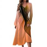 Naiste s&uuml;gis- ja talvine vabaajamoe V-kaelusega pikkade varrukatega joontr&uuml;kiga pikk kleit S kuld