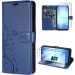 Coque de Protection - BOOLING - Samsung Galaxy A17 4G/5G - Cuir PU Bleu Marine Floral - 2 Vitres