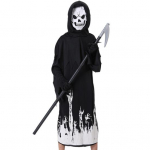 Halloweeni Grim Reaperi kost&uuml;&uuml;m lastele, helendav pimeduses cosplay riietus vikatiga Halloweeni pidudeks, kost&uuml;&uuml;mipidudeks M