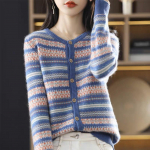 Naiste kootud kampsun s&uuml;giseks ja talveks, triibuline, lohaka stiiliga naiste kampsun L sinine