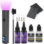 &Uuml;lim UV-valgusega juuksepikenduste t&ouml;&ouml;riistakomplekt T&auml;ielik s&uuml;steem salongikvaliteediga juuksepikenduste jaoks 2*UV-valgusega liimi, 2*juukseliimi eemaldajat, UV-liimilamp A set gray