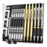 Nicpro Gold Art Mehaaniliste pliiatsite komplekt, Metallist joonistuspliiatsid 0,5 0,7 0,9 mm 2 mm pliiatsihoidja (2B HB 2H) Sket&scaron;ijoonistamiseks pliiatsit&auml;itekarbiga, Lihtne