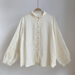 Johnature Vintage linasest naiste pluusid Kevadine allak&auml;itav krae Ebaregulaarne &otilde;&otilde;nsad naiste s&auml;rgid One Size beež