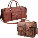 cuero 18-tolline nahast Messengeri s&uuml;learvuti kott koos 24-tollise k&auml;ruga Duffel pagasi reisikotiga pruun