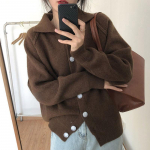 Lazy kardigan rev&auml;&auml;riga kootud &uuml;he rinnaga kampsun naistele Korea &scaron;ikk soliidne retro pikkade varrukatega kampsun kardigan naiste topid One Size hall v&auml;rv