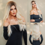 HAIRCUBE Valge plaatina segapruunid s&uuml;nteetilised parukad Pikad lainelised juuksed Parukad naistele Keskosa igap&auml;evased kuumakindlad parukad