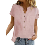 Suvine tavaline retrotaskuline puuvillane linane s&auml;rk naiste vabaaja V-kaelusega l&uuml;hikeste varrukatega &uuml;hev&auml;rviline pluus 2XL