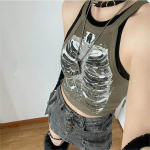 Punk Aesthetic Cyber ​​Retro X-ray Skeleton Print Rib Varrukateta Vest ArmyGreen Crop Top Disainriided Naiste 2024 Suve Emo S armee roheline v&auml;rv