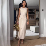 Kootud Varrukateta Pikk Kleit Naised O-kaelus &Uuml;herealine Dekoratsiooniga V&otilde;ltsitud Taskud L&otilde;hikuga Peokleit S&uuml;gis Rannar&uuml;&uuml; S aprikoosi