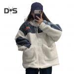 Naiste talvemantel Colorbblock paks pehme pl&uuml;&uuml;s k&uuml;lmakindel lapitehnika, suured taskud, pikkade varrukatega, n&ouml;&ouml;riga naiste v&auml;limantel L sinine