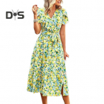 Naiste suvekleit Lilleprint Lilleline joon avar &auml;&auml;r, lapiline l&uuml;hikeste varrukatega, ebakorrap&auml;raste l&uuml;hikeste varrukatega, l&otilde;hestatud &auml;&auml;risega, pitsitud k&otilde;rge v&ouml;&ouml;kohaga daami midikleit L valge