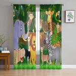 Jungle Forest Cartoon Loom L&otilde;vi Elevandi Sifoonist l&auml;bipaistvad kardinad elutuppa Magamistoa kaunistamiseks Akna Voiles T&uuml;llkardin W135 x H115cm x1&Rod Pocket