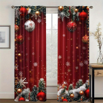 2 tk/komplekt Pidulikud Punased J&otilde;ulupallid ja Rohelised Lehed Valge Lumemustriga Tr&uuml;kitud Kardinad - Ideaalne Elutuppa, Magamistuppa, K&ouml;&ouml;ki W60H60(CM)x2PCS&Grommet Top