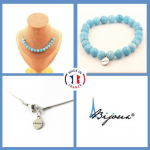 Pierres et Min&eacute;raux. Parure bijoux Bracelet Collier 15 Perles Calc&eacute;doine bleu 8 mm. Chaine Taille personnalisable.