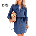 Kevadine naiste kleit allap&ouml;&ouml;ratava kraega, &uuml;he n&ouml;&ouml;biga, paeltega v&ouml;&ouml;kohal, pikkade varrukatega, rinnataskutega, teksakleit igap&auml;evaseks kandmiseks, kohtinguteks S tumesinine v&auml;rv